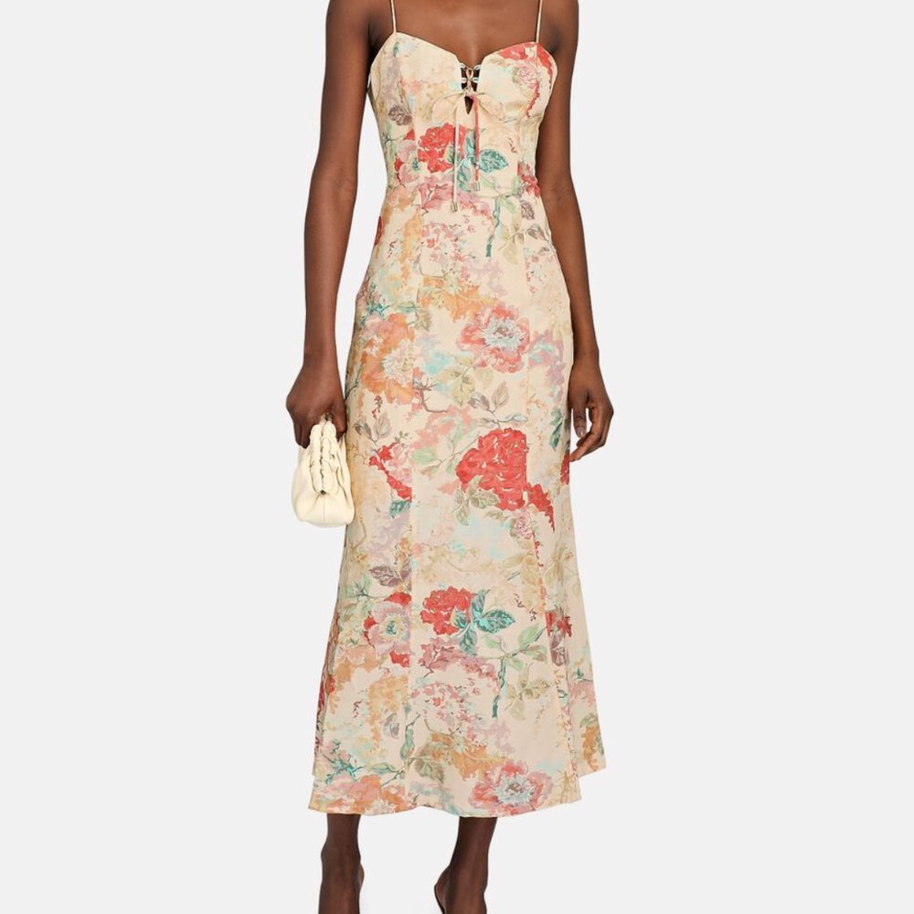 Floral Lace-Up Spaghetti Strap Maxi Dress - Cream/Coral